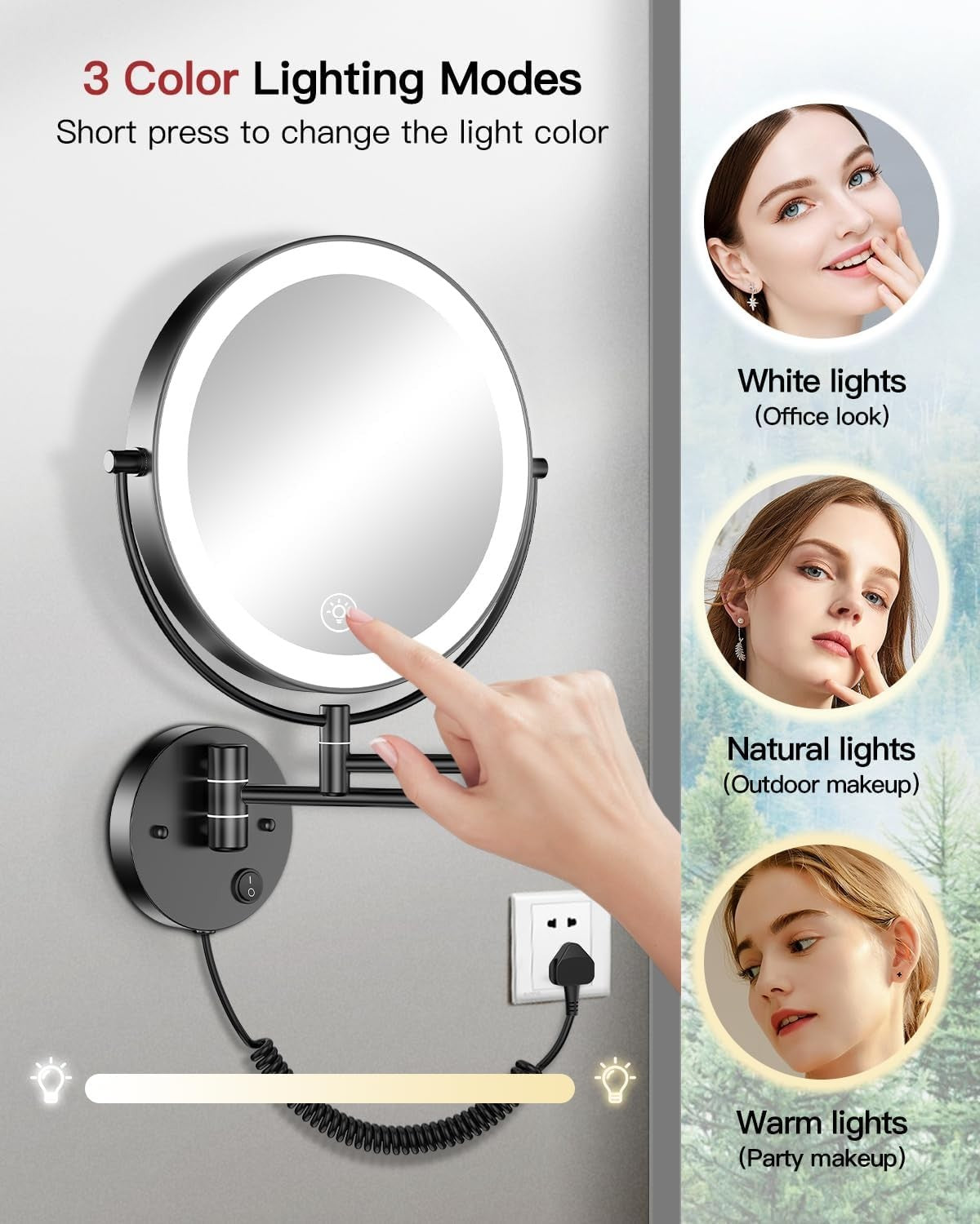 Wall Mounted Lighted Makeup Mirror 9" LED 1X/10X Magnification Touch Sensor