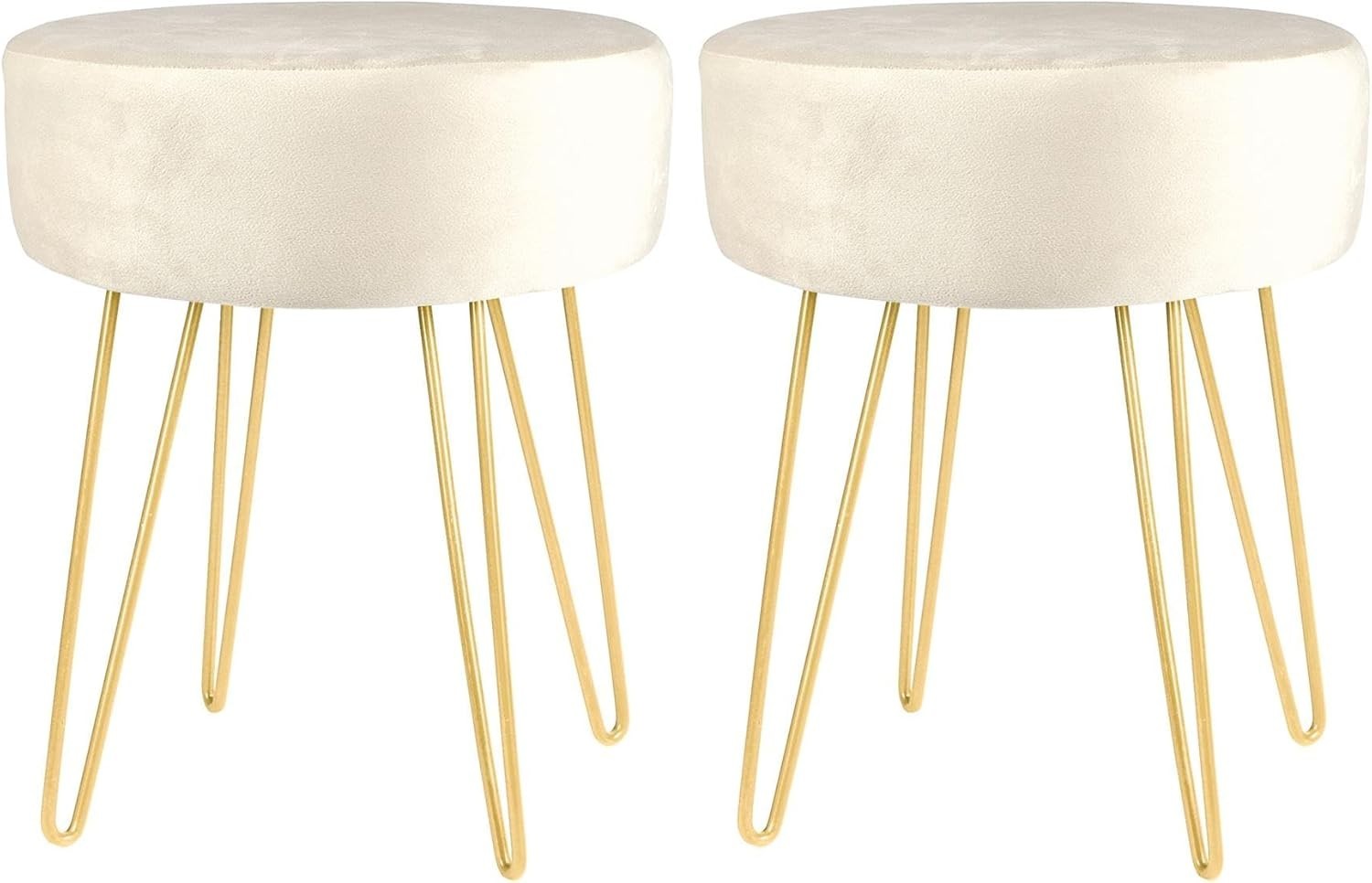 Set of 2 Cream Velvet Footstools Gold Legs Modern Round Pouffe Seats