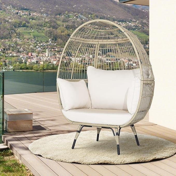 Oversized Rattan Egg Chair with Cushions Indoor Outdoor Lounge Seat 180kg