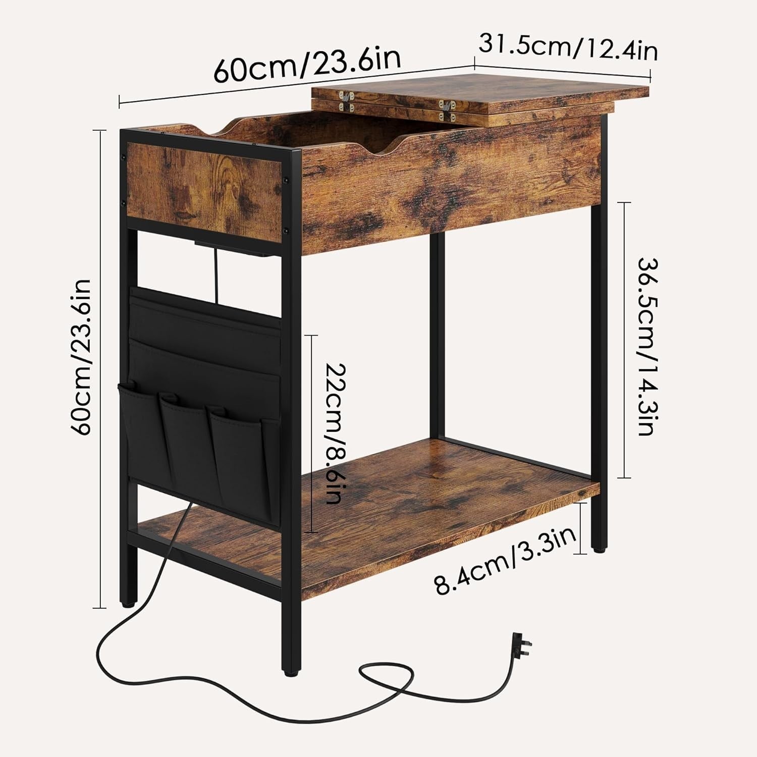 Narrow Side Table with USB Ports, Charging Station & Storage Shelf, Rustic