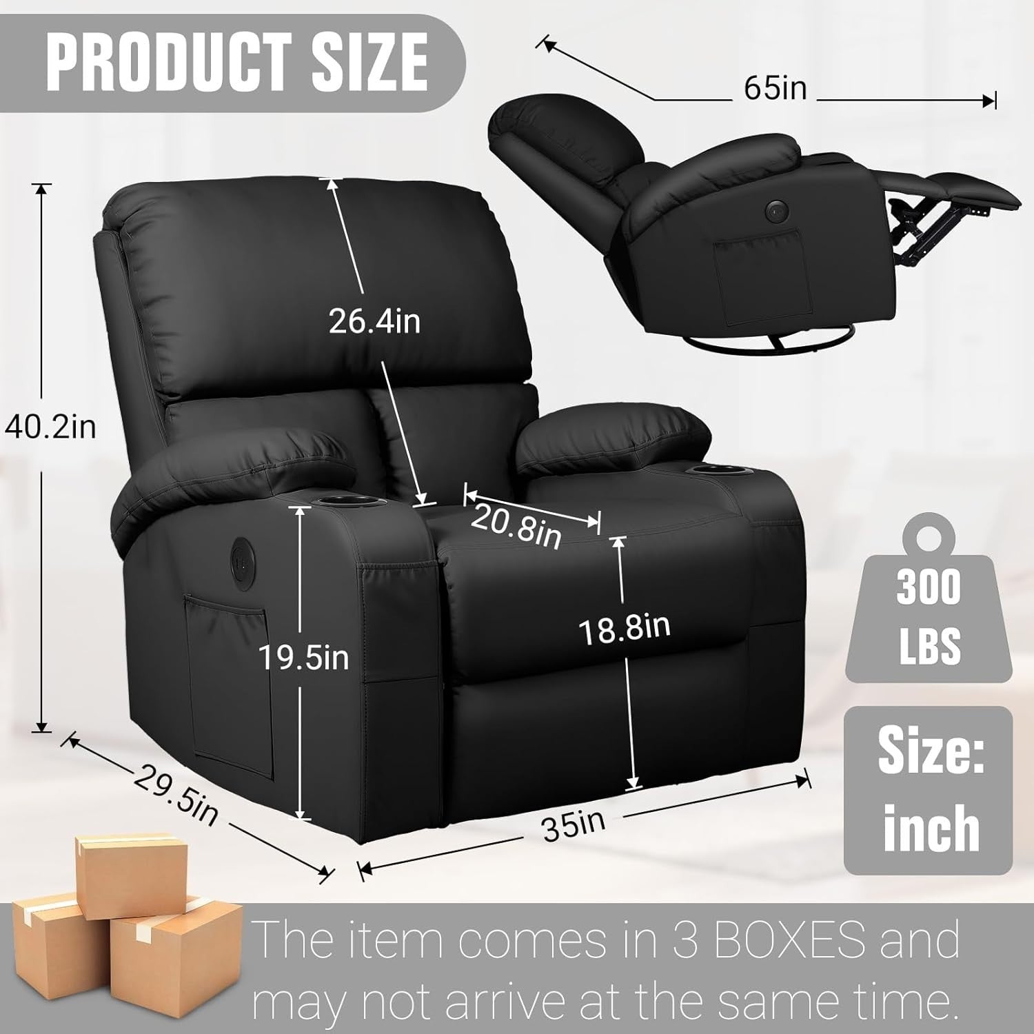 Swivel Rocker Recliner Massage Heat USB Type-C Charging Faux Leather Black