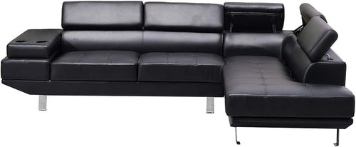 Black Bonded Leather L-Shape Corner Sofa with Adjustable Headrests & Cup Holders