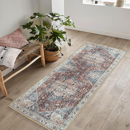 Washable Runner Rug 60x240cm Non-Slip Vintage Crimson Red Navy Hallway Kitchen