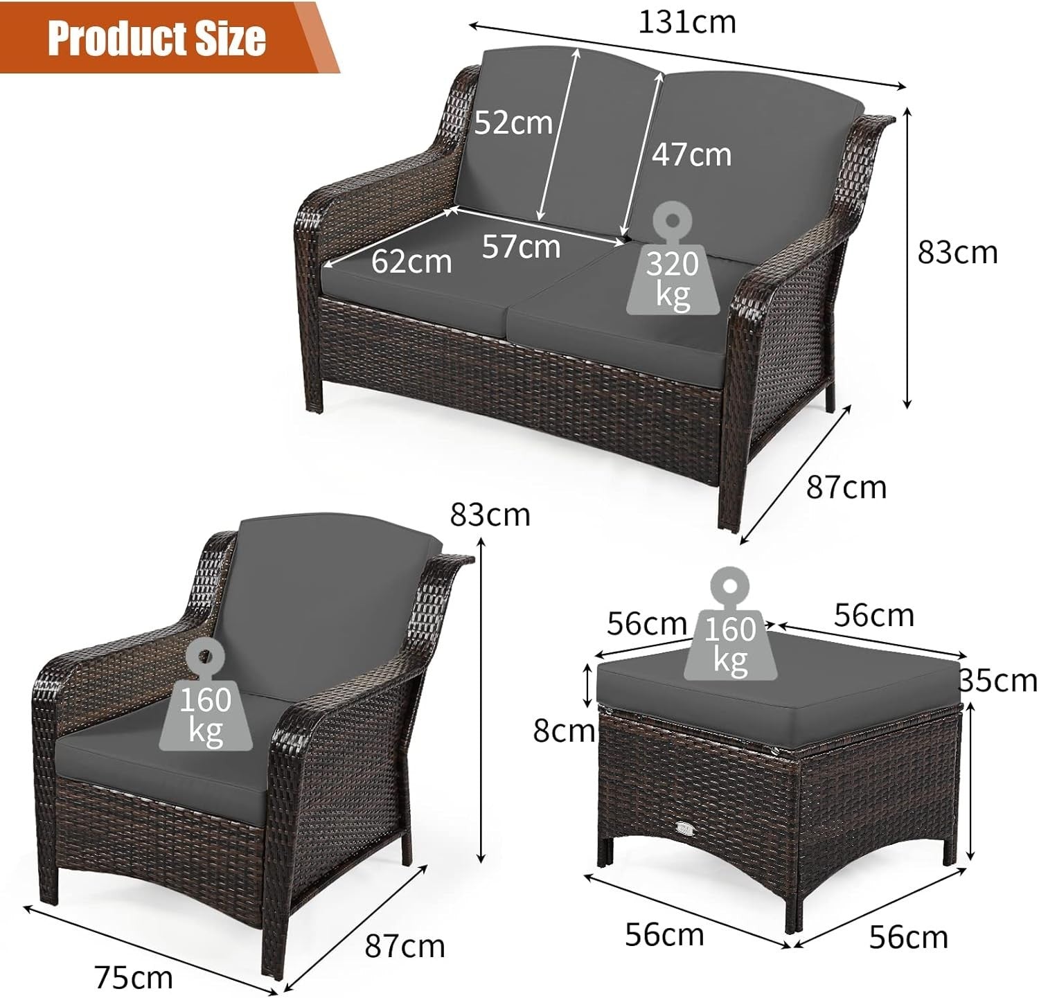 5-Piece Outdoor Rattan Patio Set with Loveseat, Sofas & Ottomans Grey