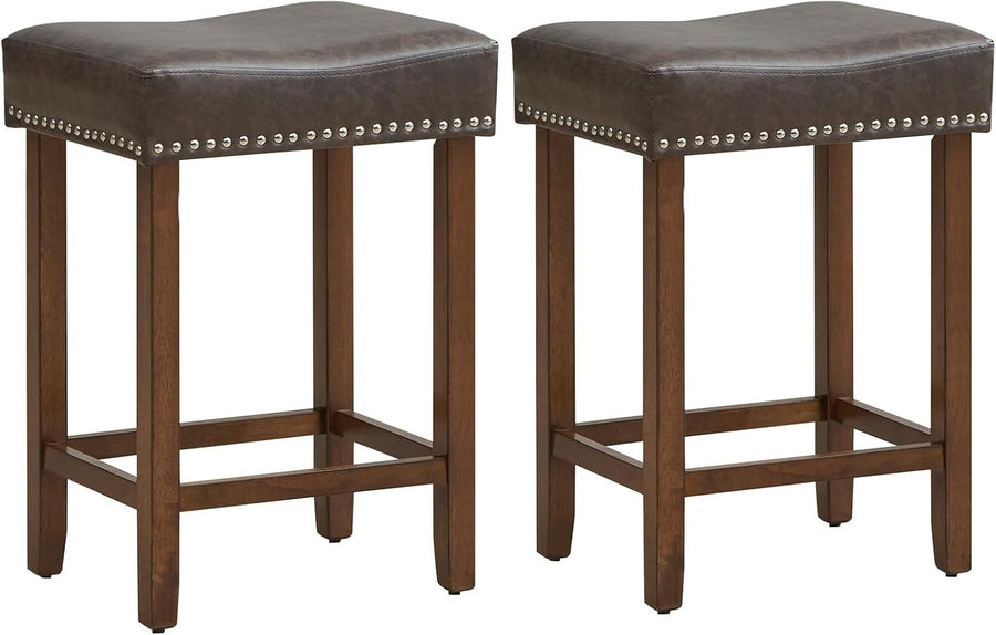 Gray & Brown Saddle Bar Stools Set of 2 – Solid Wood Chairs