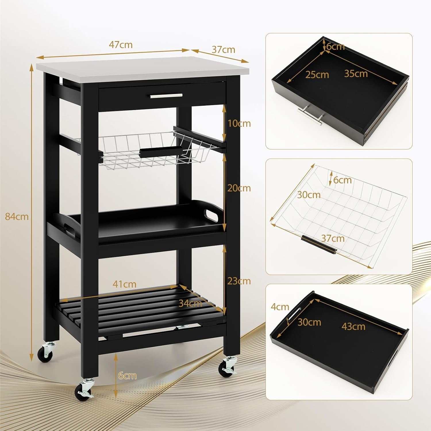 4 Tier Kitchen Storage Trolley on Wheels with Drawer Wire Basket & Shelves