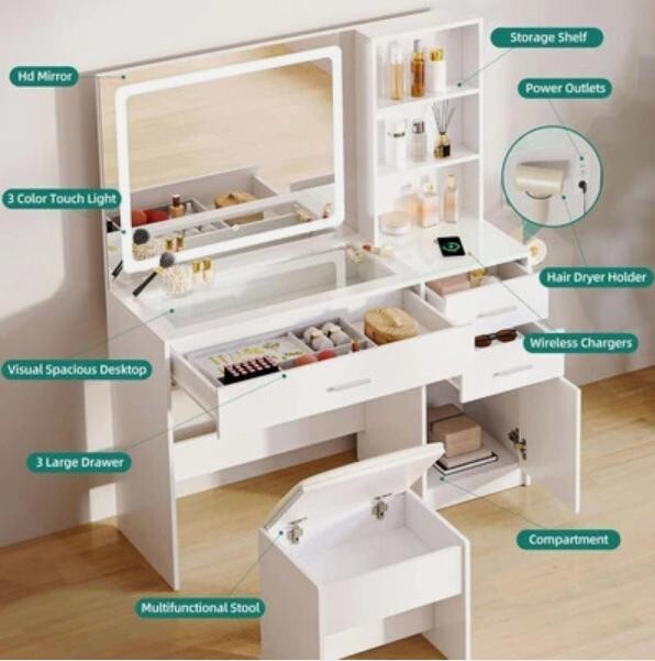 White LED Vanity Desk Set w/ Mirror Stool, USB, Storage & Wireless Charging
