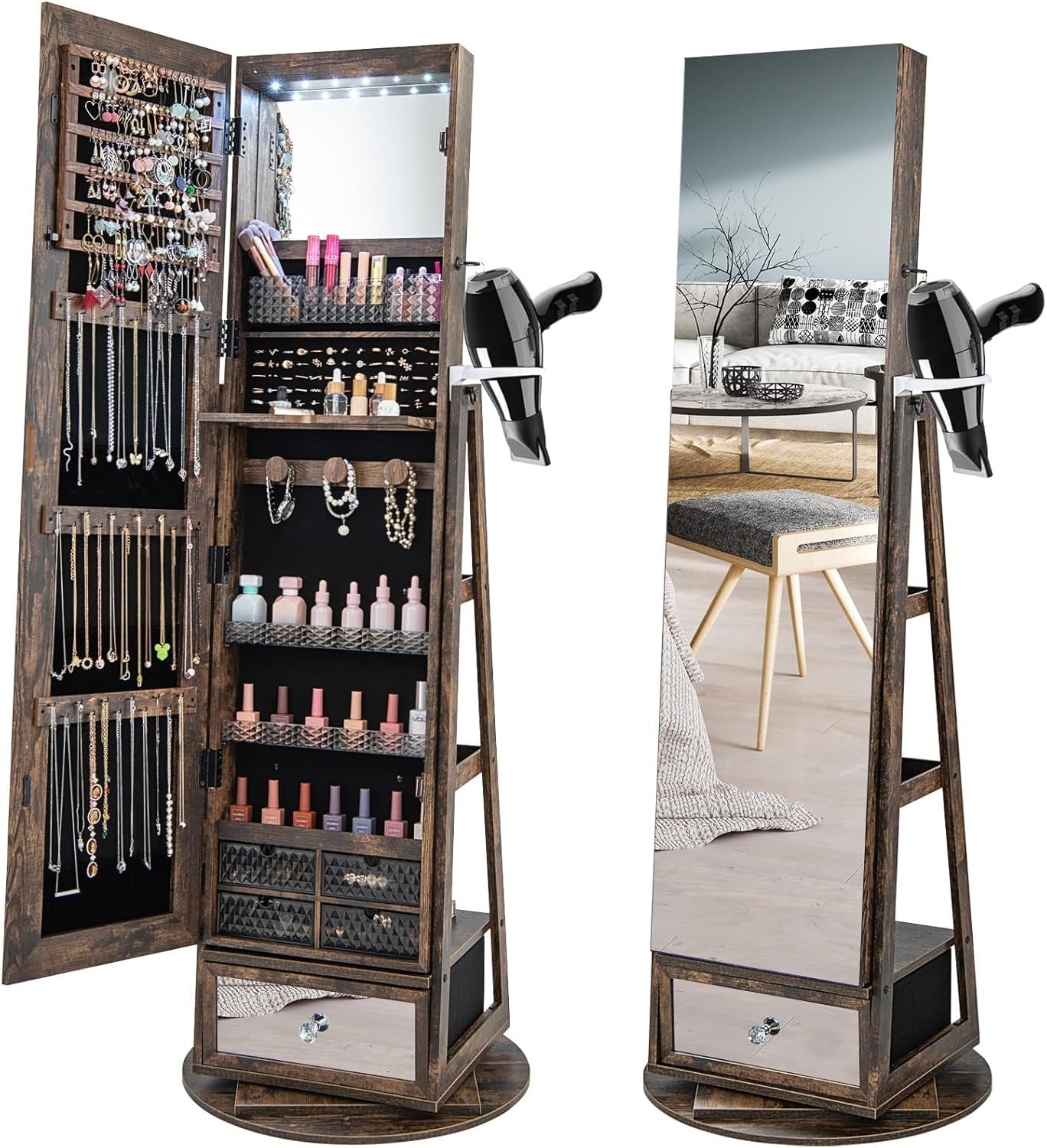 Rustic Brown 360° Swivel LED Jewelry Cabinet Mirror Lockable Storage Stand