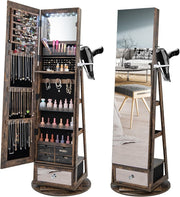 Rustic Brown 360° Swivel LED Jewelry Cabinet Mirror Lockable Storage Stand