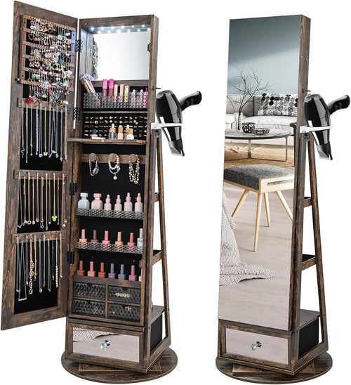 Rustic Brown 360° Swivel LED Jewelry Cabinet Mirror Lockable Storage Stand