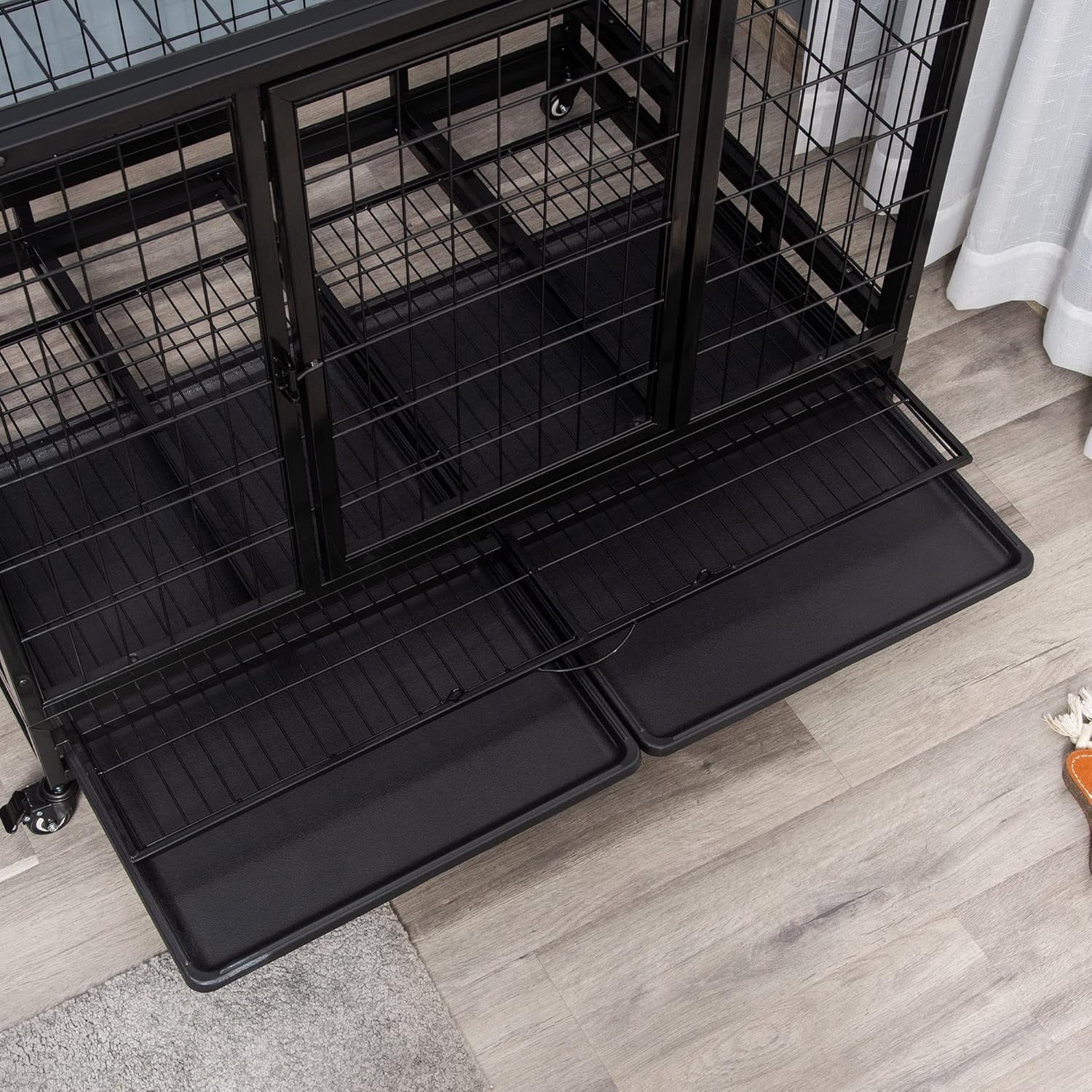 Heavy Duty Metal Dog Crate 43" Large Kennel Cage with Wheels & Tray Black