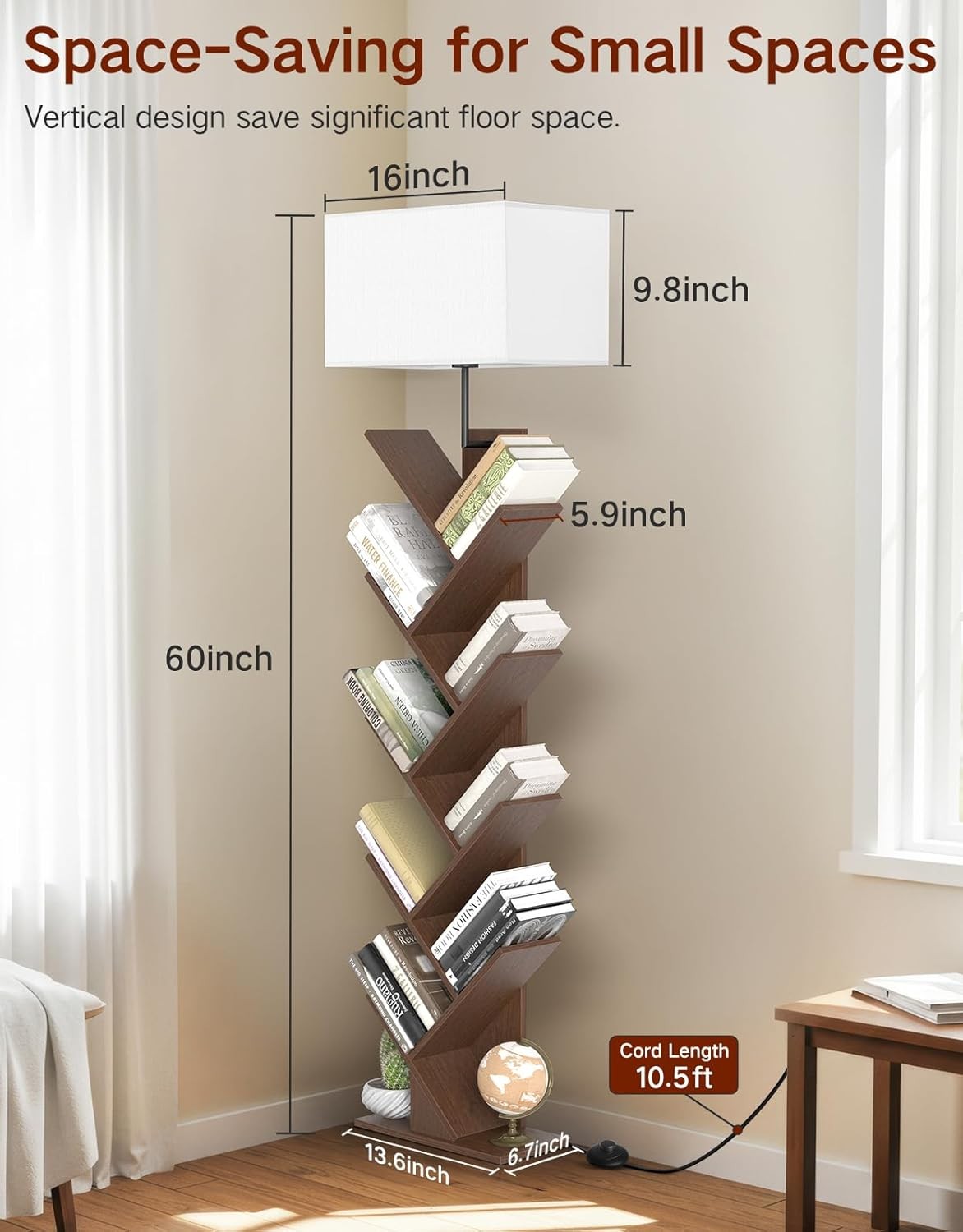 9 Tier Tree Bookshelf Walnut Floor Lamp with Remote Light Narrow Wooden Bookcase