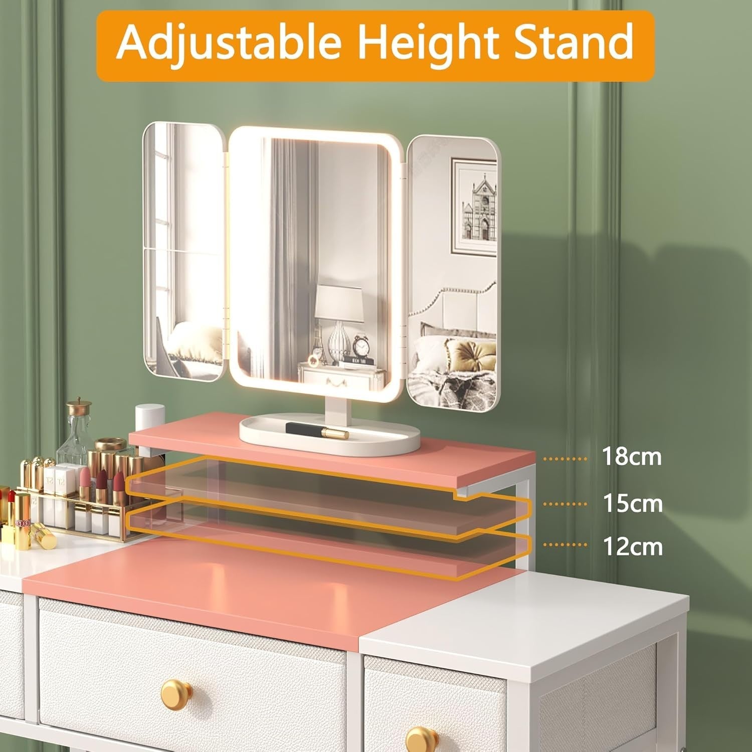 Vanity Dressing Table Desk 3-Fold Mirror LED Light 3 Drawers Pink White Wood
