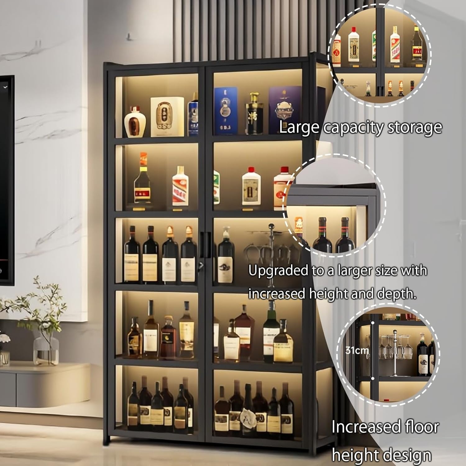 Tall LED Wine Cabinet Bar Display Storage Unit Free Standing Black 106cm