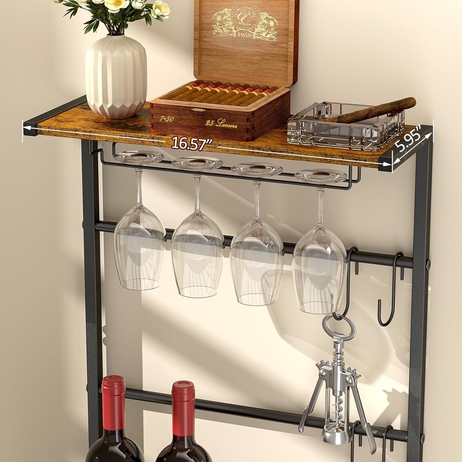 5-Tier Wine Rack with Glass Holder & Hooks, Freestanding Bar Cabinet
