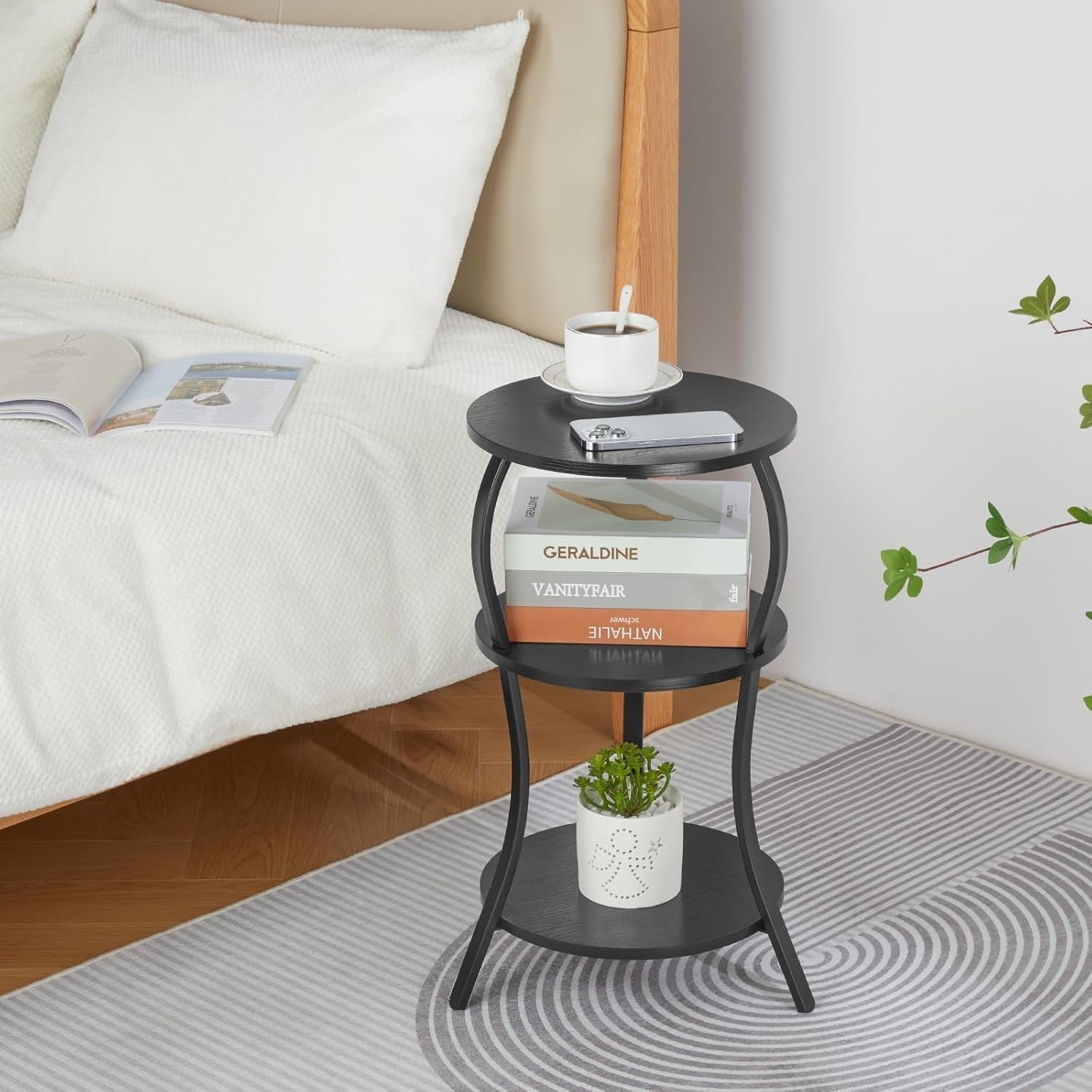 Black 3-Tier Round Side Table 30x30x55 cm | Slim End Table w/ Storage