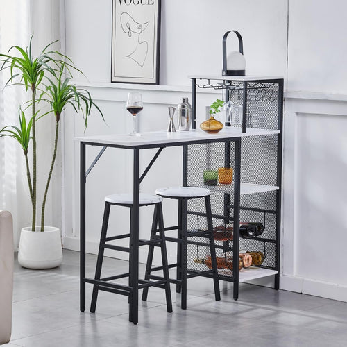 White Marble Bar Table Set with 2 Stools Space-Saving Metal Frame Dining Set