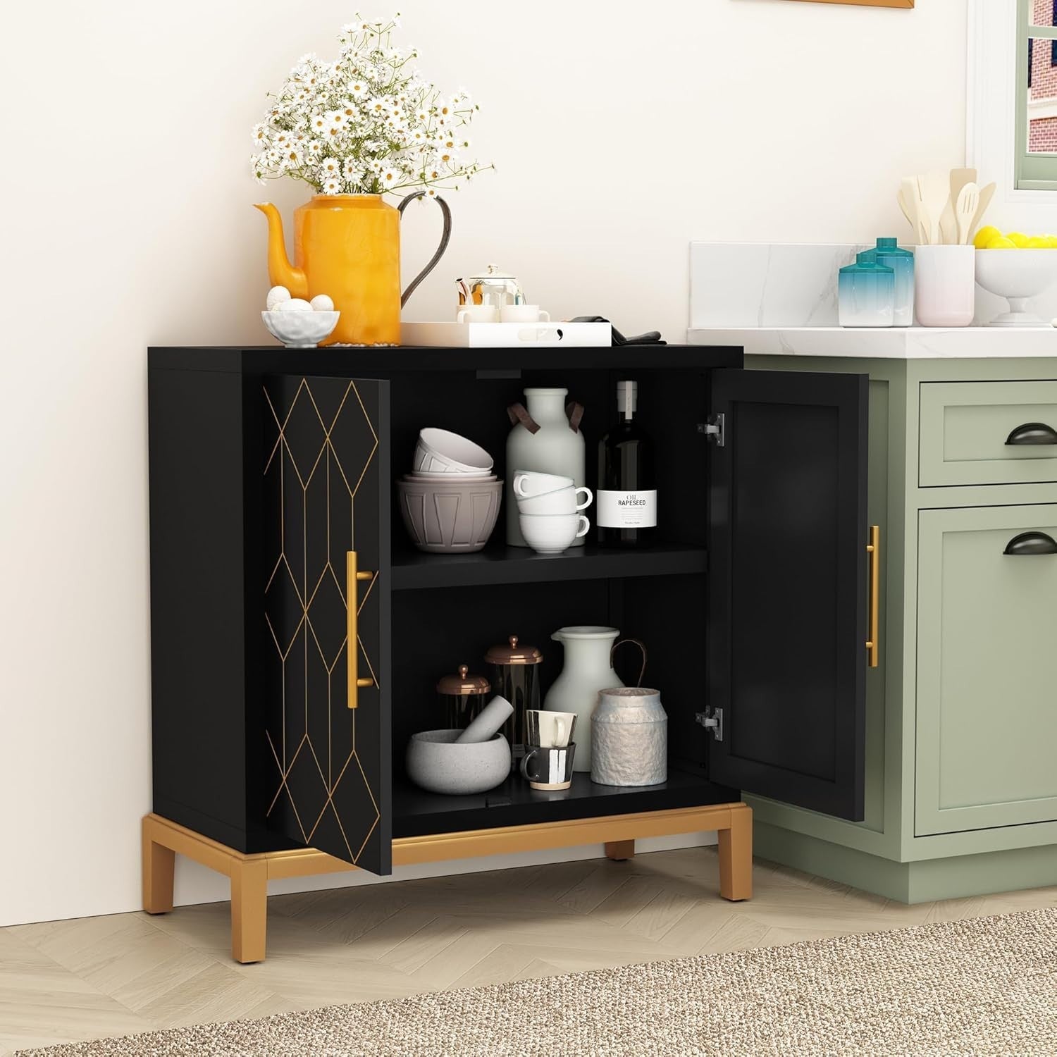 Modern Black Sideboard Cabinet Gold Legs 2 Door Storage Unit Hallway