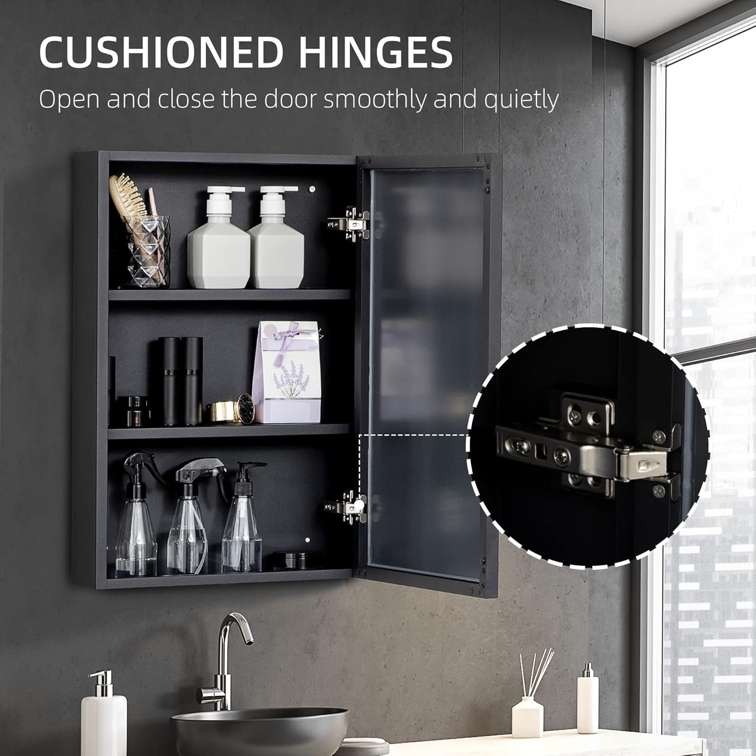 Wall Mounted Bathroom Mirror Cabinet with Storage Shelves, 60cm Black