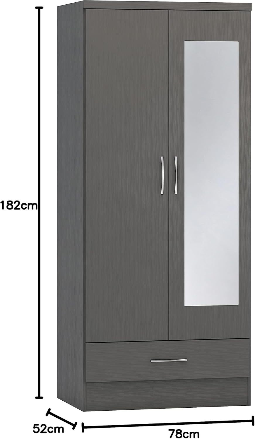 Grey 2 Door Mirror Wardrobe with Drawer – Modern Bedroom Storage Unit