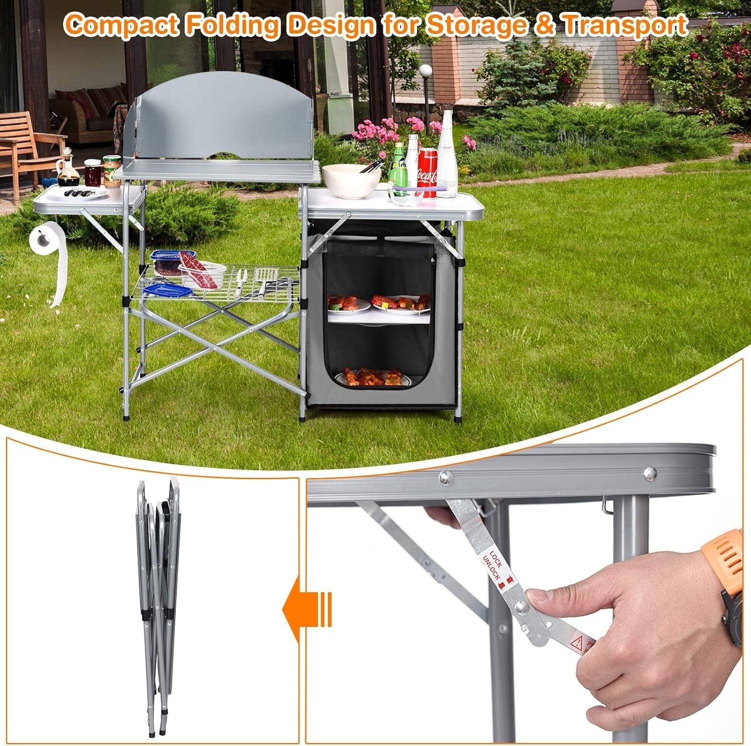 Folding Camping Kitchen Table BBQ Workstation with Windshield & Storage