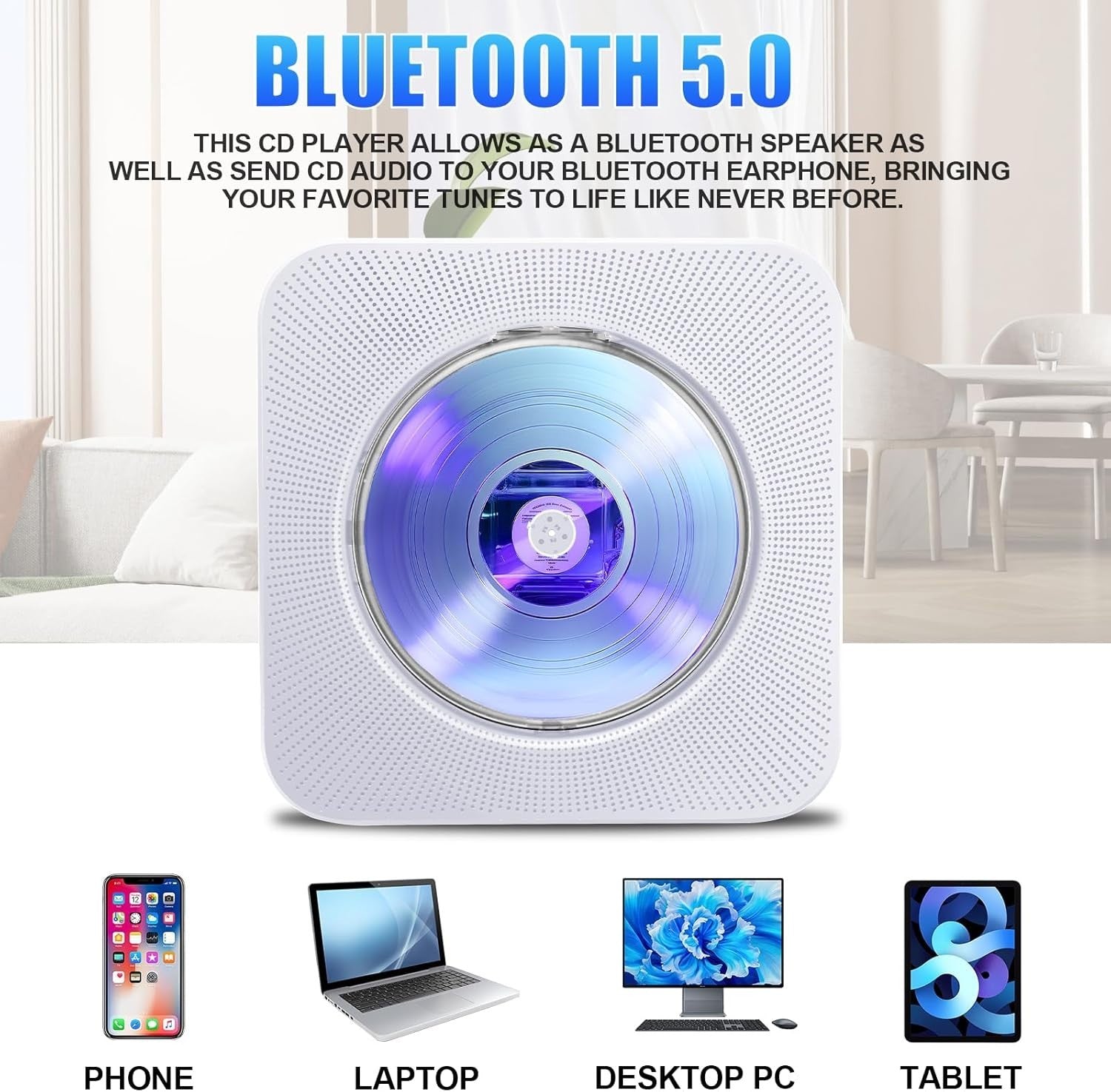 Portable Bluetooth CD Player FM Radio USB AUX HiFi Speakers Remote White