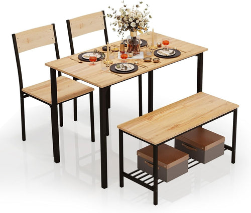 Oak Dining Table Set with 2 Chairs & Bench | Space-Saving, Modern Design