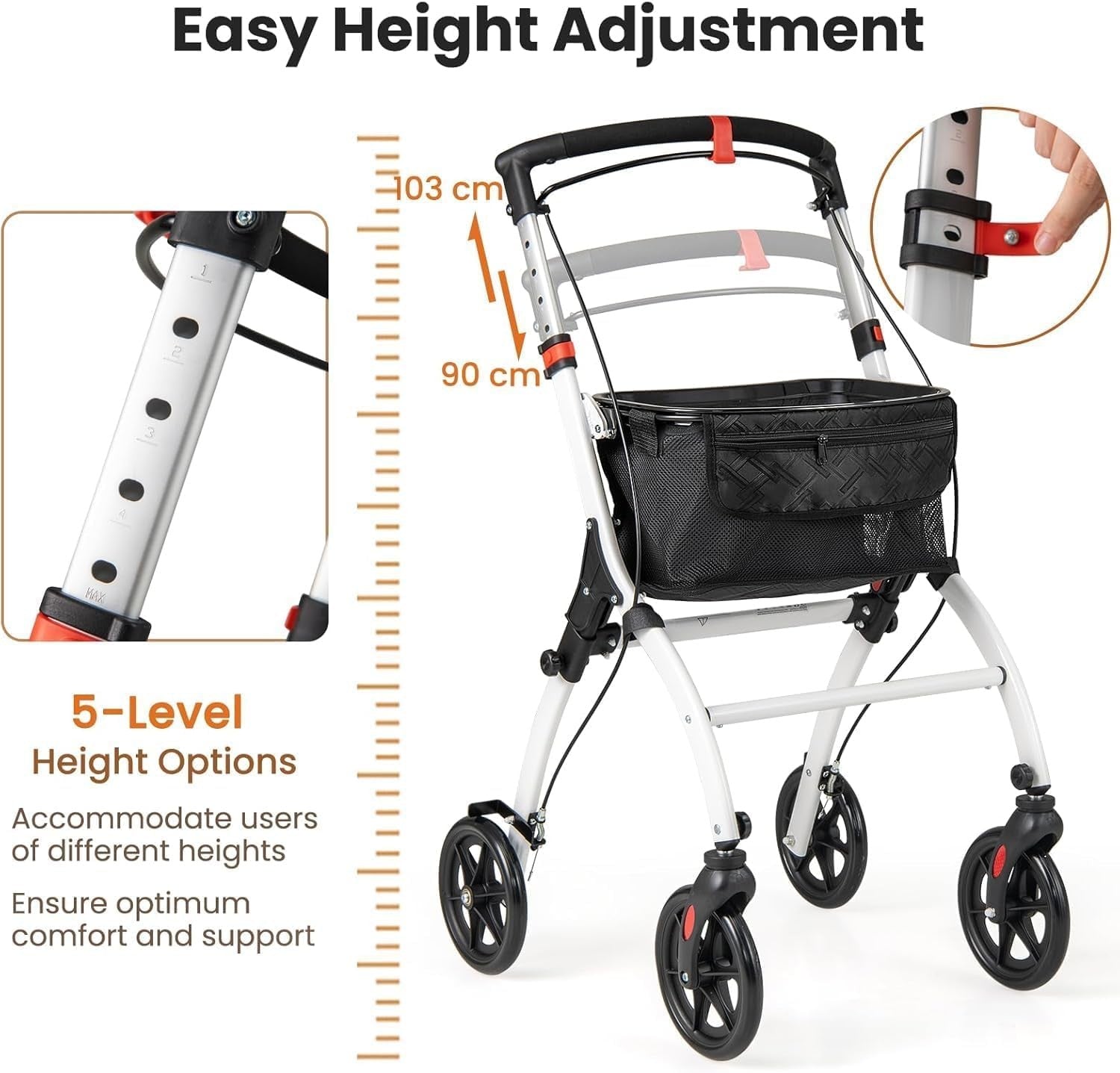 Lightweight Folding Rollator Walker 4 Wheel Basket Brakes Narrow White