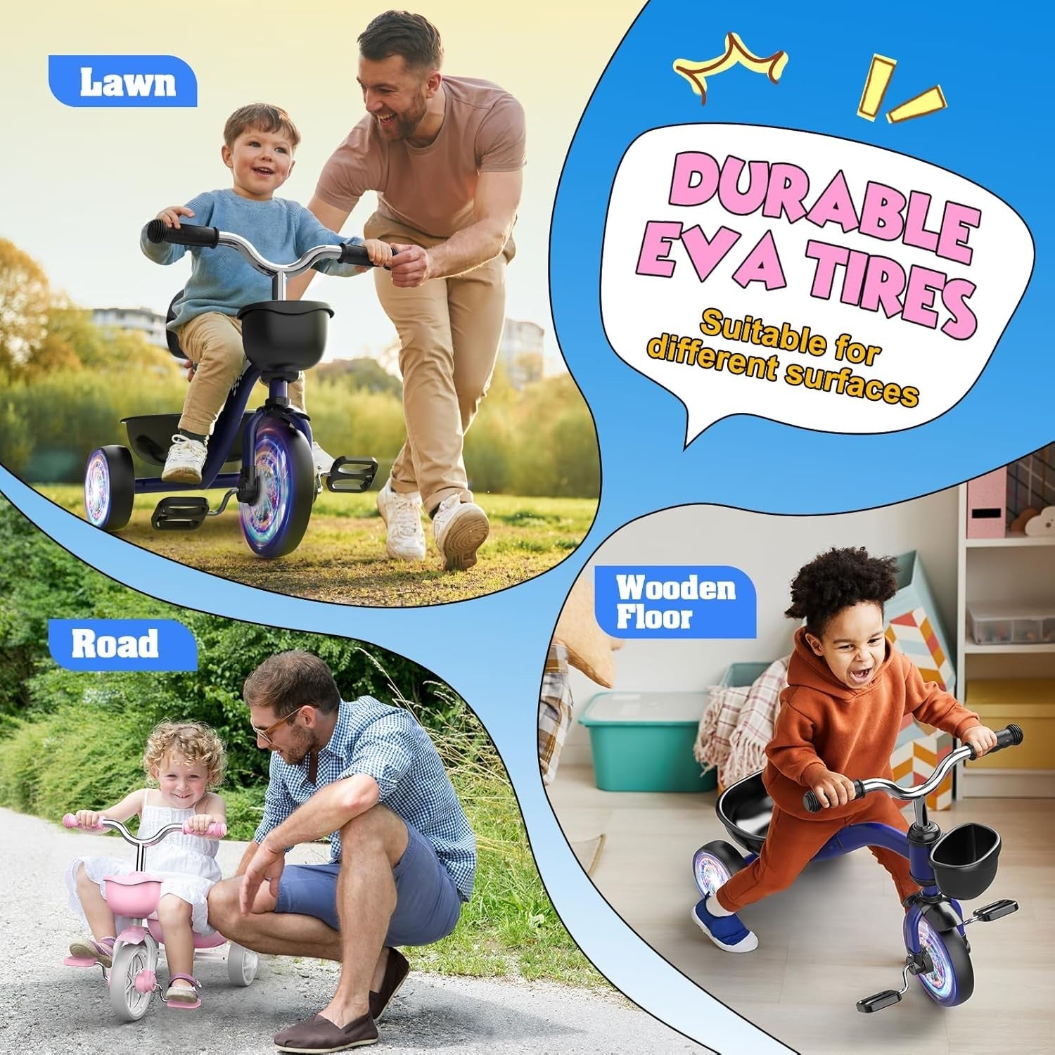 Girls Tricycle Balance Bike LED Light Wheels Adjustable Seat Pink 2-5Y