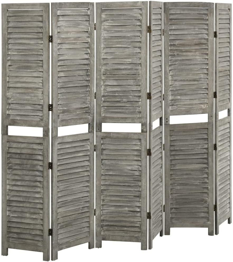 6 Panel Grey Wood Folding Room Divider – Ventilated Privacy Screen 214cm