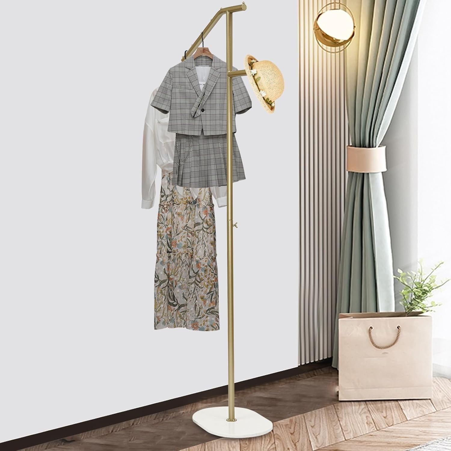 Gold & White Marble Base Coat Rack 170cm L-Shaped Metal Clothes Organizer