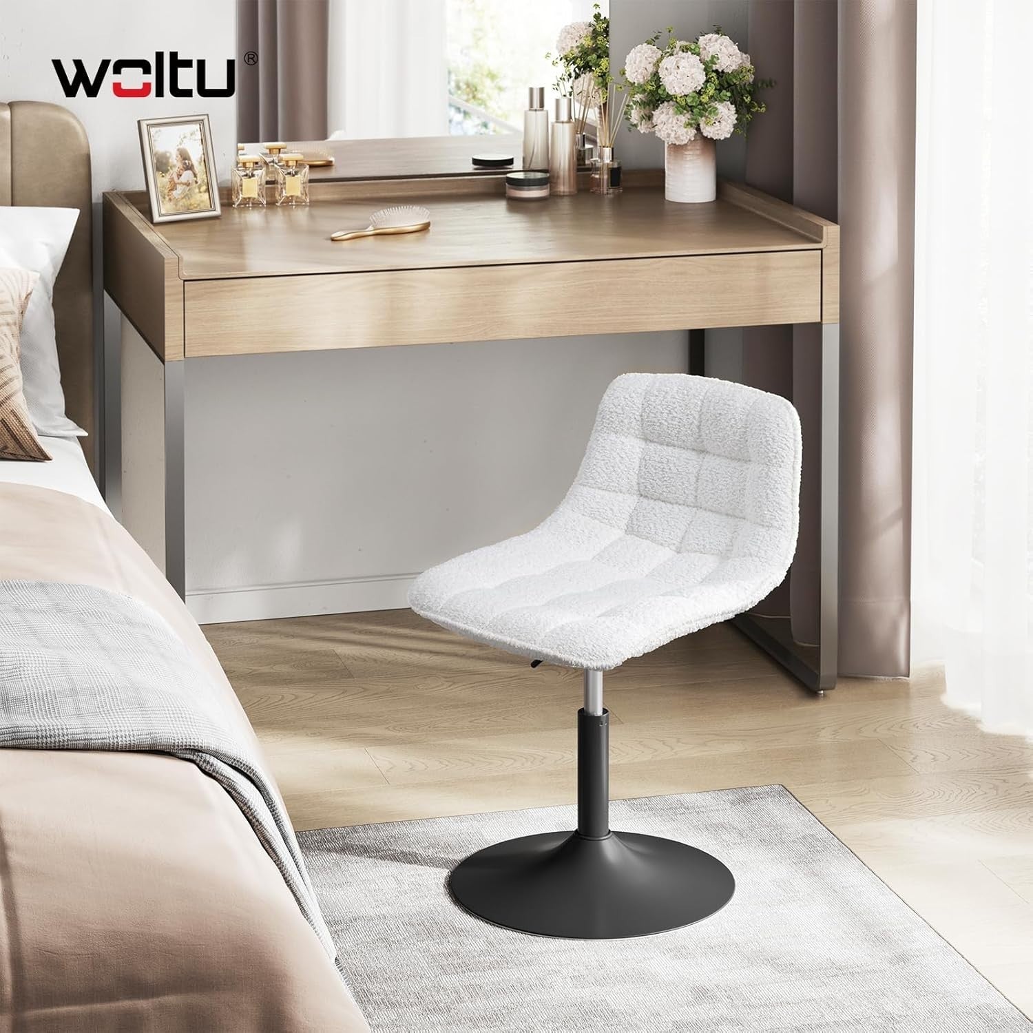 White Swivel Vanity Chair Height Adjustable Chenille Dressing Table Stool