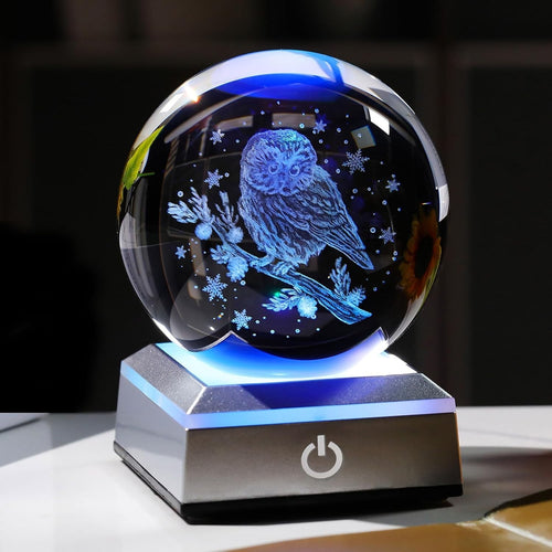 3D Crystal Owl Ball LED Light Sphere Ornament Gift Home Decor 8cm K9 Glass