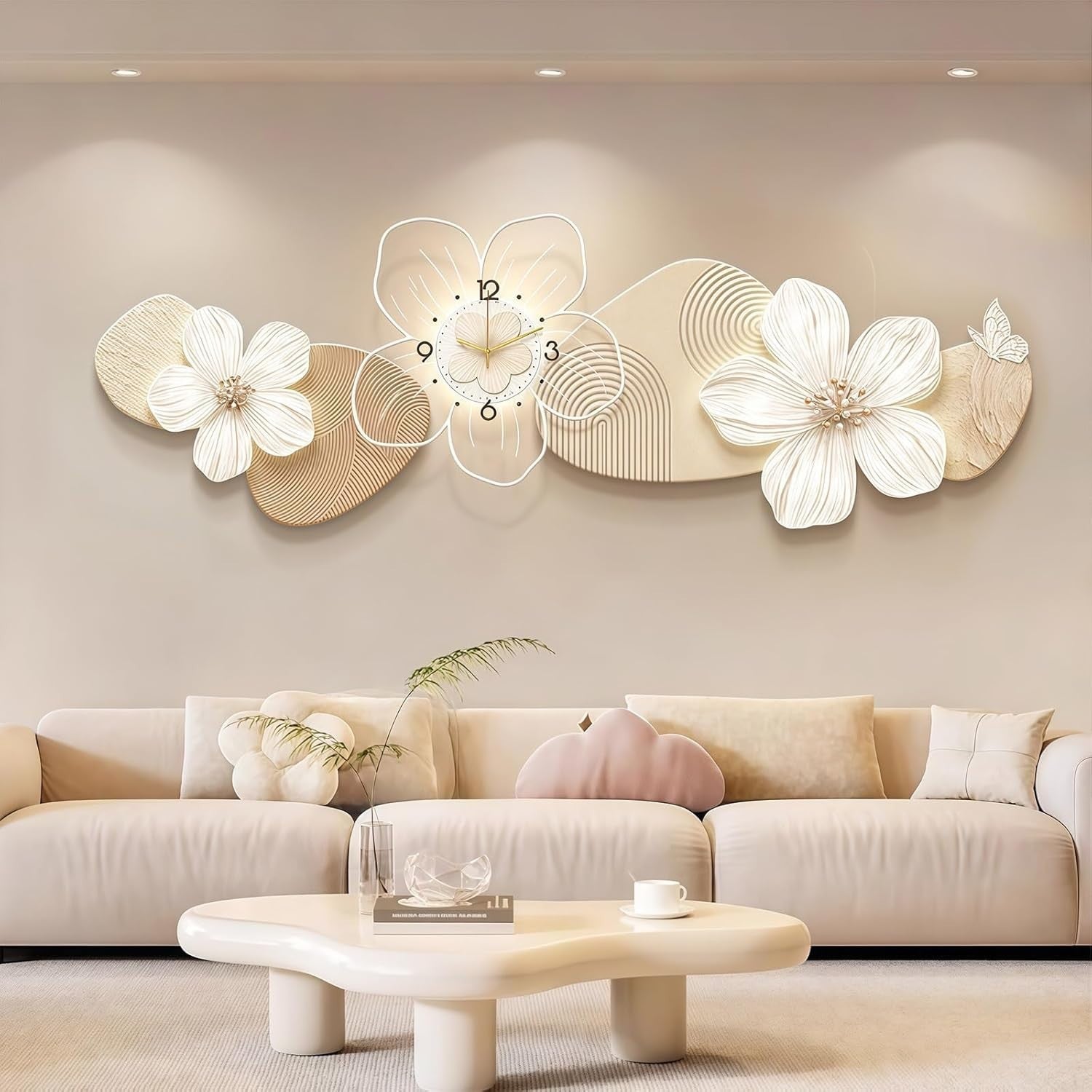 3D LED Wall Clock Flower Decor Silent Quartz Hanging Art Beige