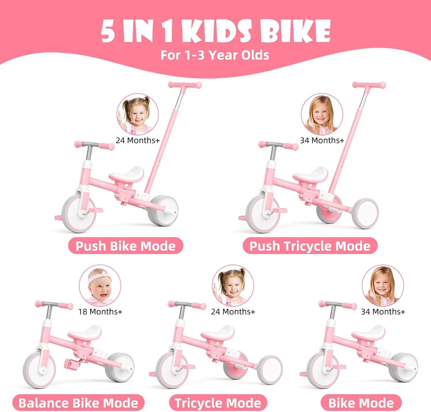 5 in 1 Toddler Tricycle Balance Bike Adjustable Push Handle Pink 1-3Y