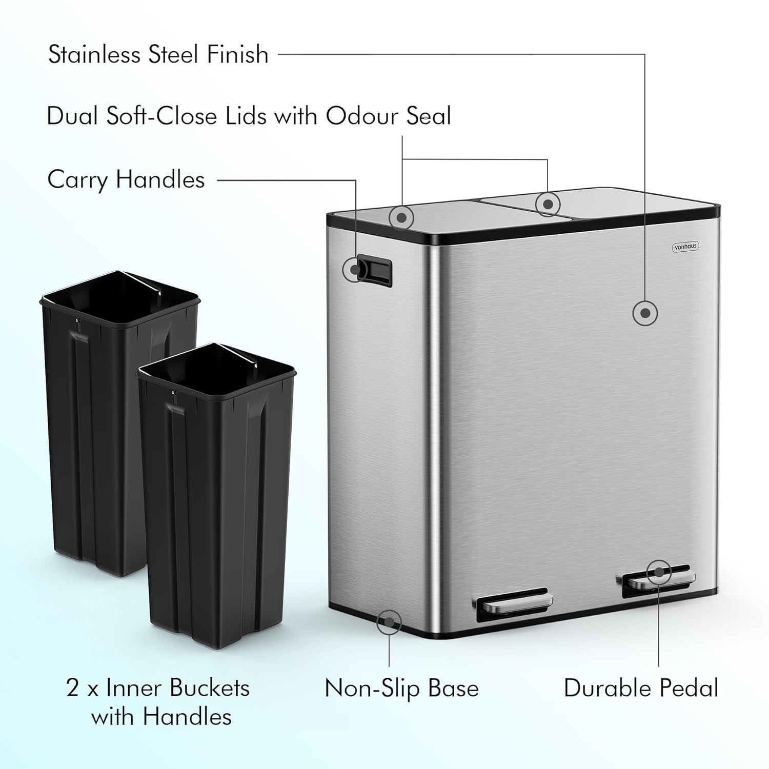 60L Double Recycling Bin Stainless Steel 2x30L Pedal Kitchen