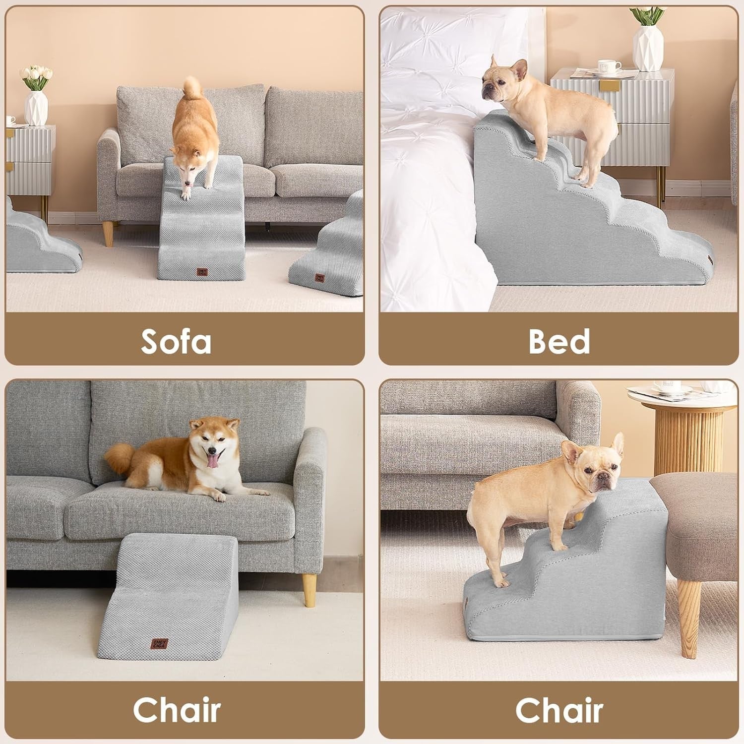 2 Step Dog Stairs for Sofa Non Slip Foam Pet Steps Washable Light Grey