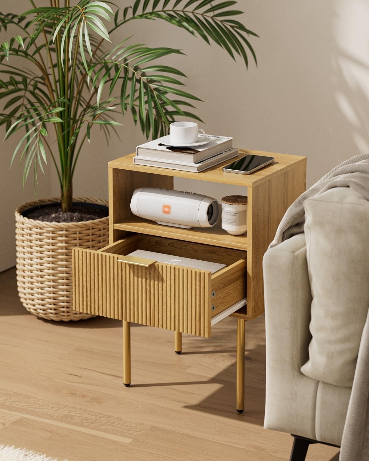 Oak Bedside Table with Drawer & Open Shelf | Modern Wooden Nightstand