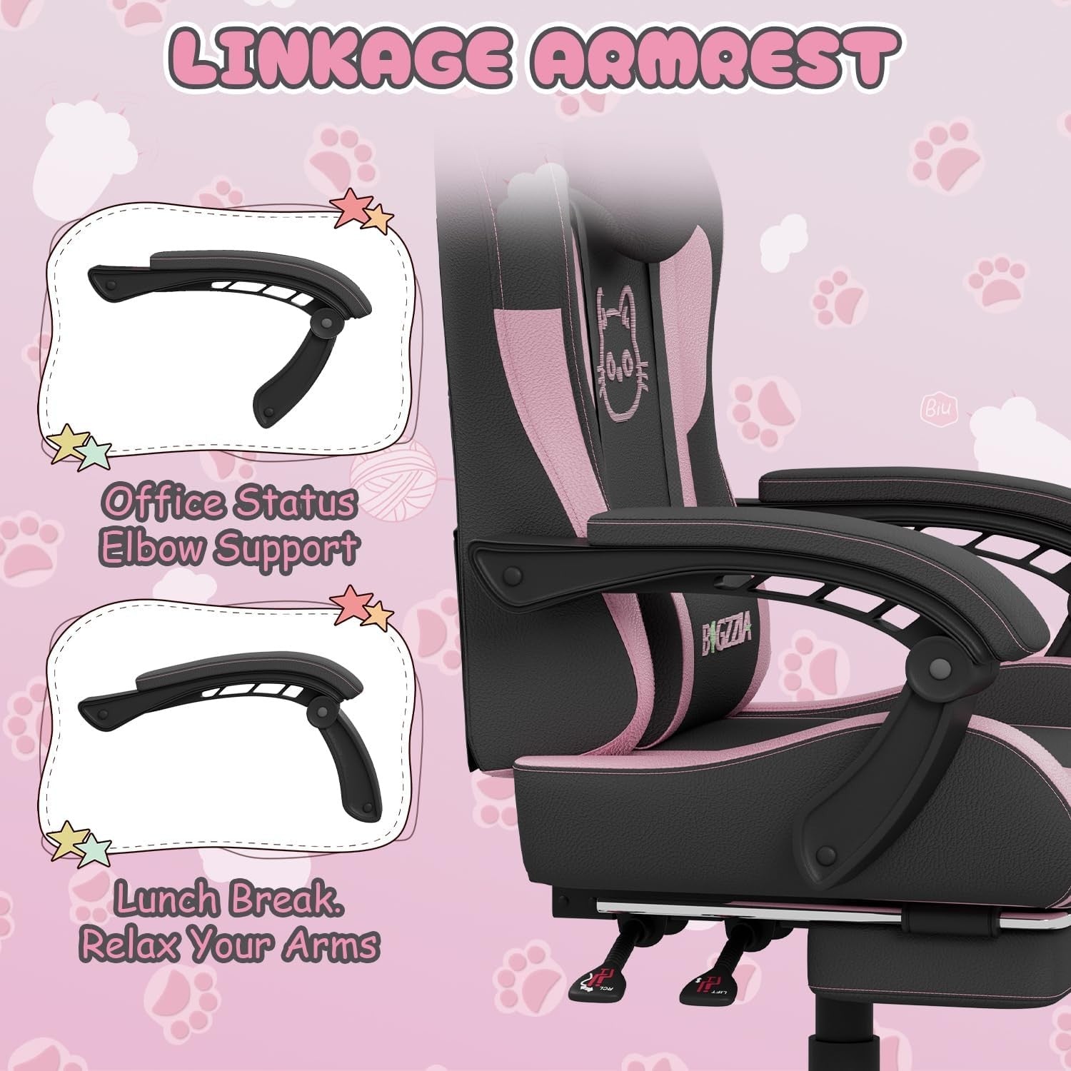 Black Pink Cat Ear Gaming Chair Massage Lumbar Recliner
