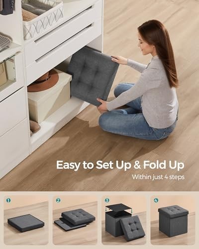 Dark Grey Folding Storage Ottoman Cube 38cm Footstool with Lid & Tufted Seat