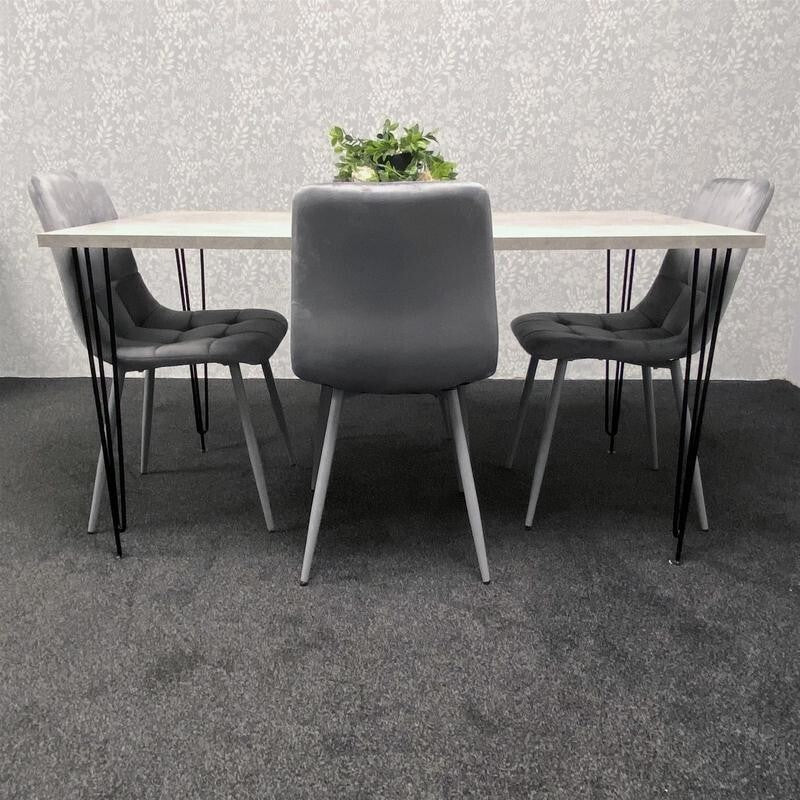 Grey Dining Table Set with 4 Velvet Chairs – Hairpin Legs Modern 4 Seater