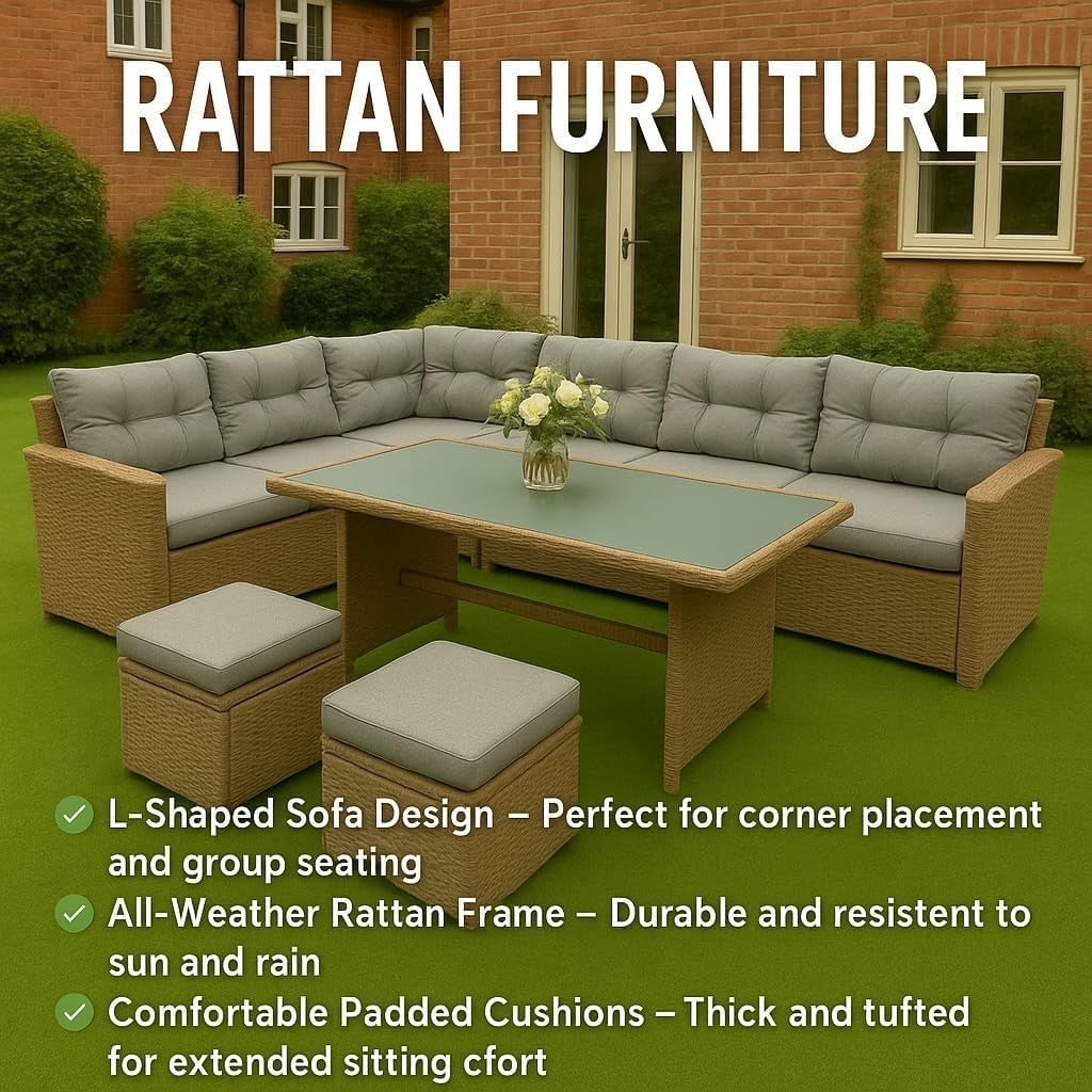 7 Seat Rattan Corner Sofa Dining Set w/ Cushions, Table & Footstools Outdoor