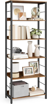 6 Tier Industrial Bookcase Rustic Brown Metal Frame Storage Shelf Unit