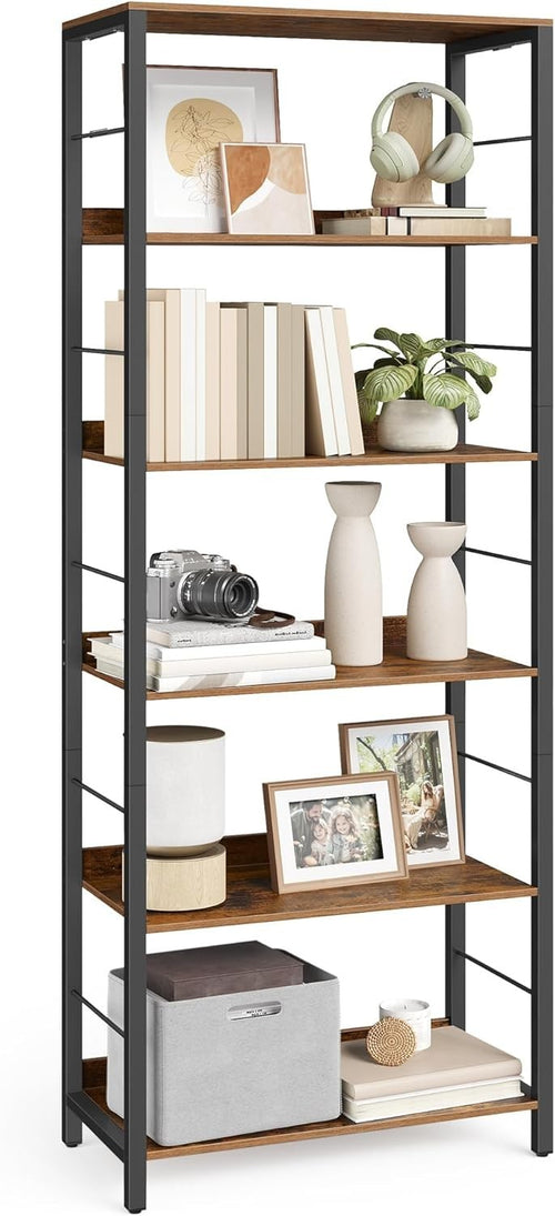 6 Tier Industrial Bookcase Rustic Brown Metal Frame Storage Shelf Unit