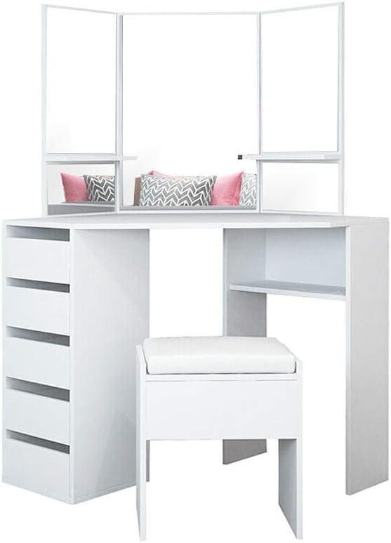 Corner Dressing Table Set White 3-Sided Mirror 5 Drawer MDF Makeup Vanity