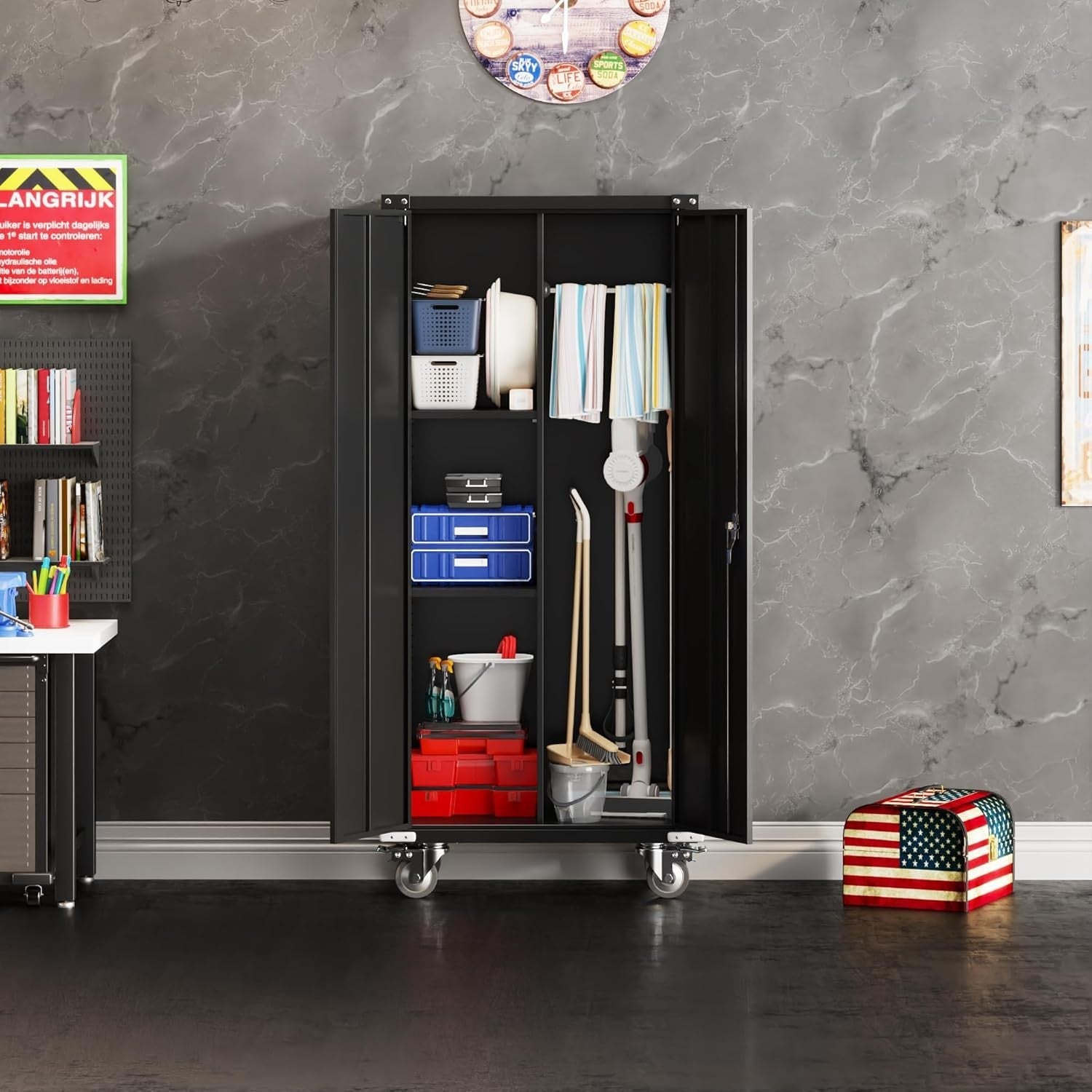 Heavy Duty Metal Garage Storage Cabinet with Wheels, Lock & Shelves