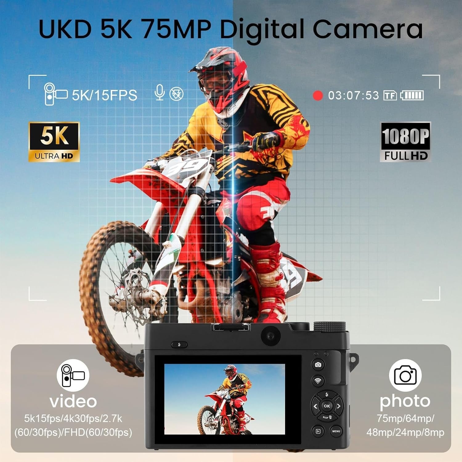 5K 75MP Vlogging Camera Dual Lens WiFi 18X Zoom 32GB Black