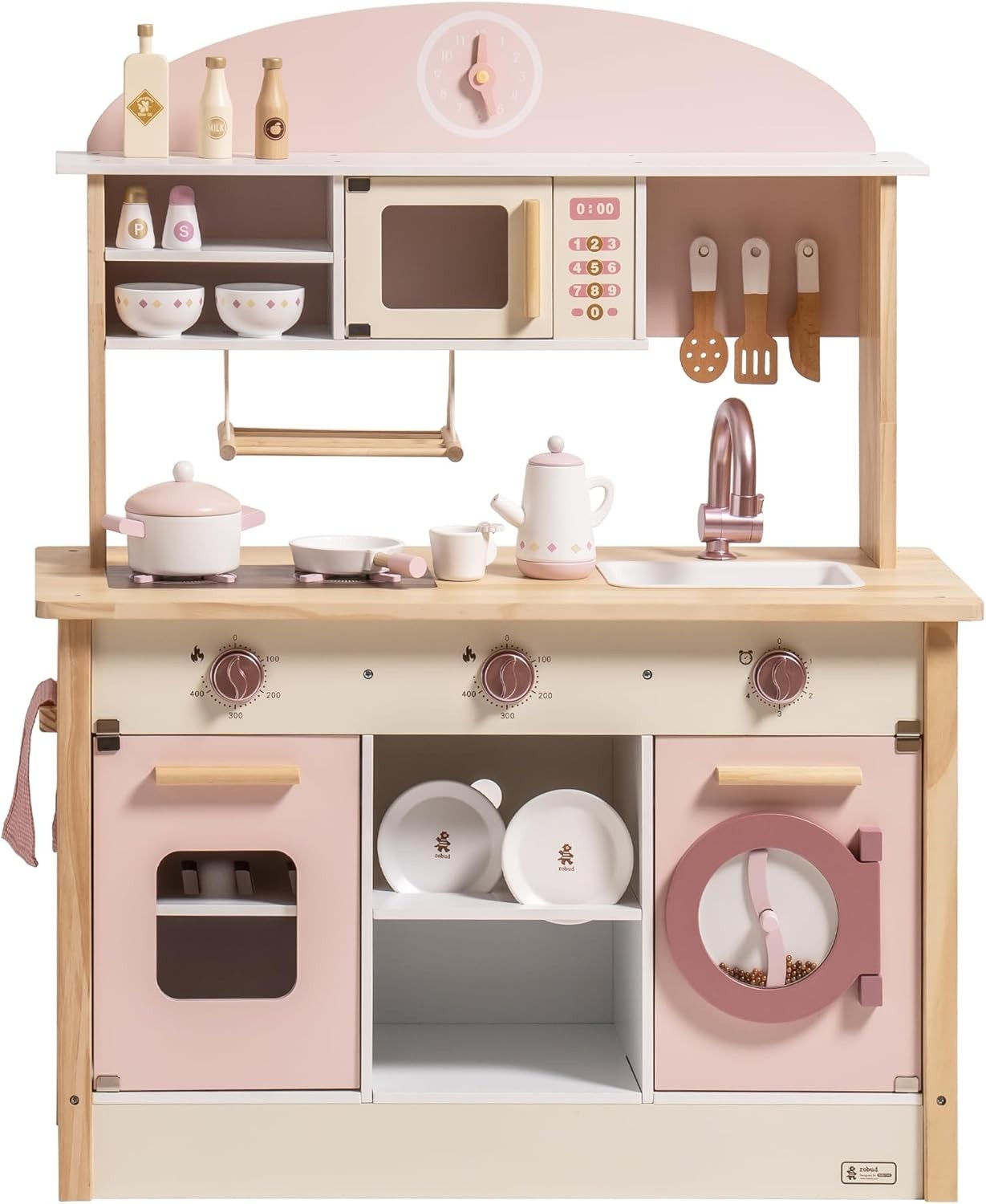 Wooden Kids Play Kitchen Pink w/ Accessories Oven Tea Set Toy