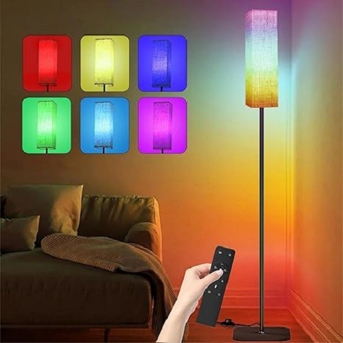 RGB Floor Lamp Remote Control Dimmable Tall Reading Light Linen Shade