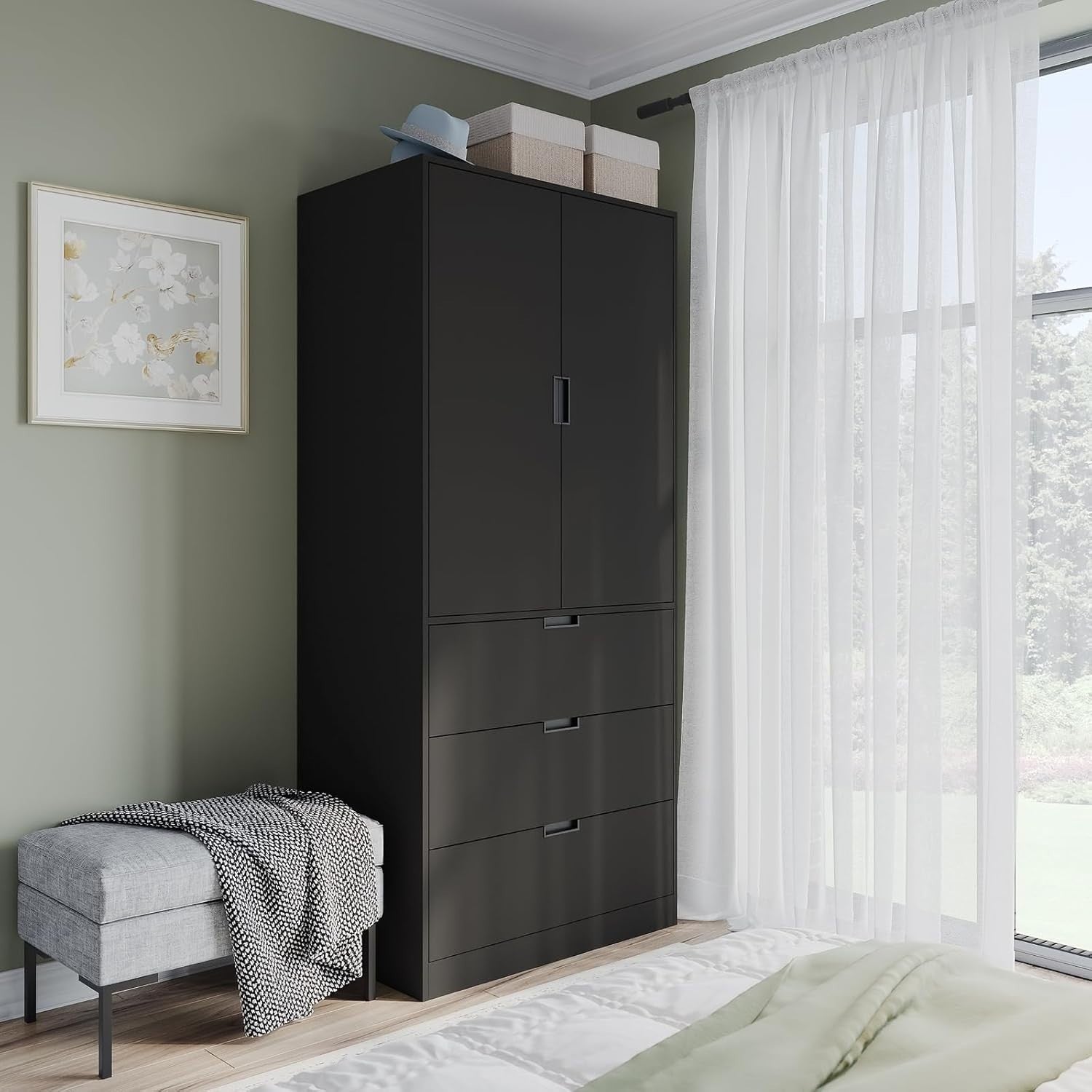 Modern Black Wardrobe 2 Door 3 Drawer Hanging Rail Storage Unit 180cm